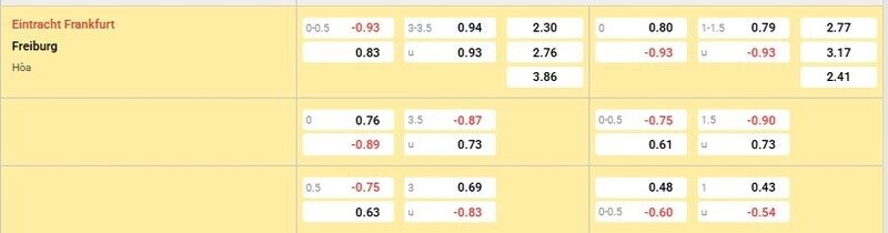 Bảng tỷ lệ kèo trận Frankfurt vs Freiburg