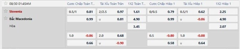 Bảng tỷ lệ kèo trận Slovenia vs Bắc Macedonia